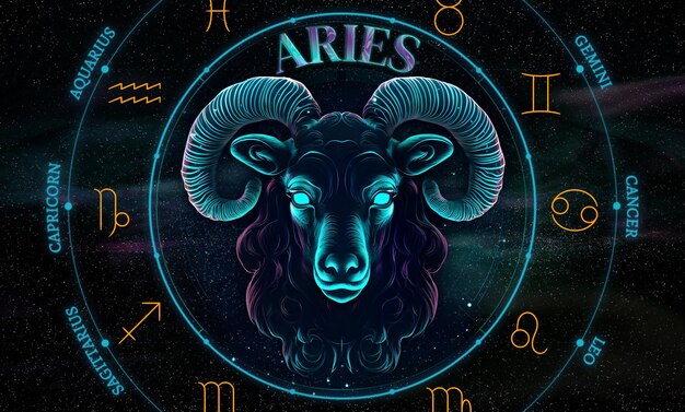 Foto segno zodiacale dell'aries illustrazione del simbolo dell'ariete dell'oroscopo su un cosmo di costellazioni