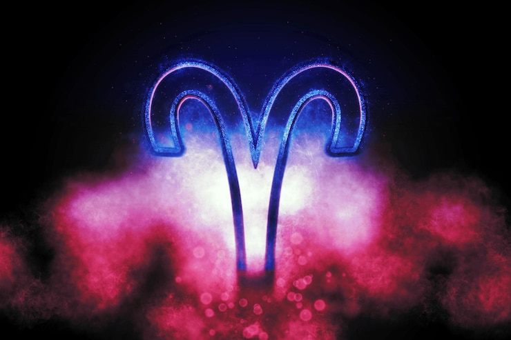 Photo aries zodiac sign, night sky, horoscope astrology background, aries, pink and blue