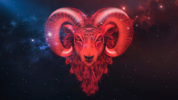 Photo aries zodiac sign red neon nebula space background