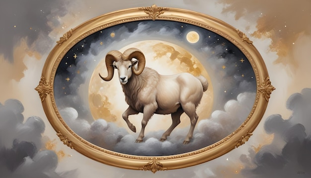 Aries zodiac sign a sheep is on the moon and the moon is on the clouds