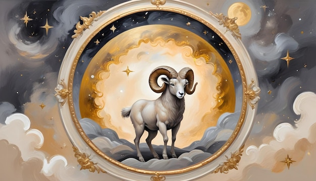 Aries zodiac sign a sheep with a golden frame and a moon in the background