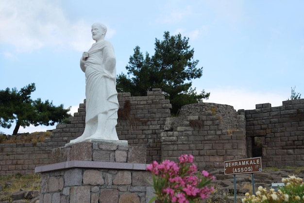 Aristotle statue in front of Assos ancient city in Canakkale, Turkey