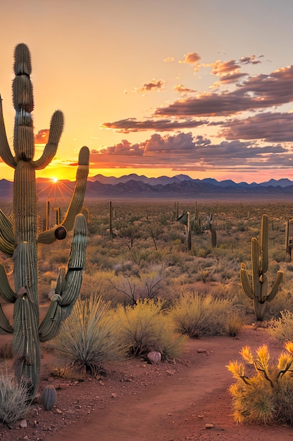 Foto arizona woestijn landschap met saguaro cactus bij zonsondergang.