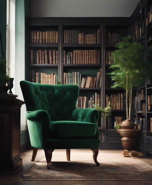 Arm chair in a room with book shelves