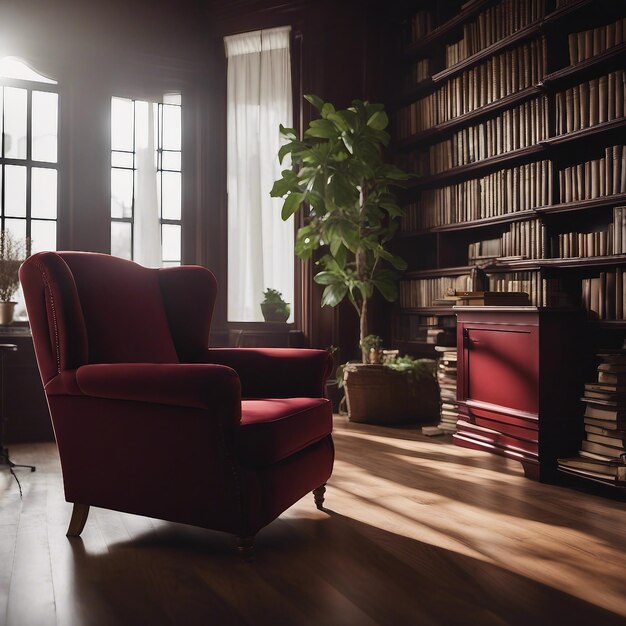 Arm chair in a room with book shelves