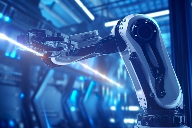 スクリーンモニター制御産業機械ロボットアームラインで動作するアームロボット生成AI