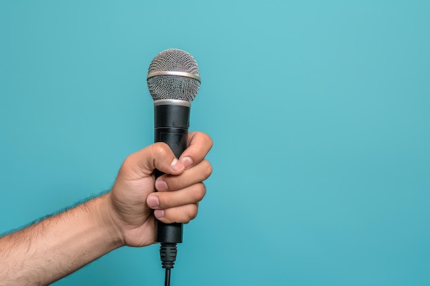 Arm van een Spaanse man die een microfoon vasthoudt over een blauwe achtergrond voor concert- en conferentiecommunicatie