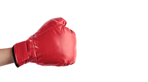 Photo arm with closed fist with red boxing glove on white background