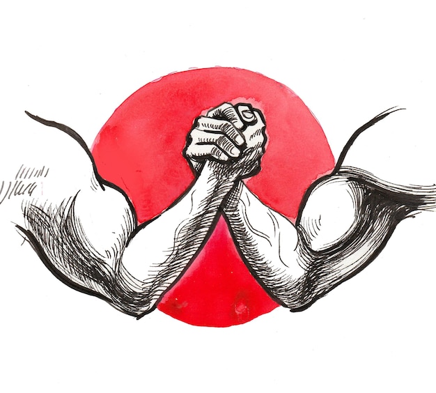 Arm wrestling hands. Ink and watercolor drawing