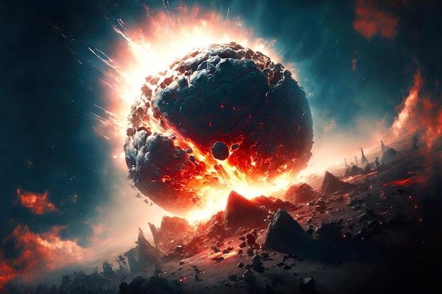 Armageddon on planet after huge strong explosion of meteorite in atmosphere