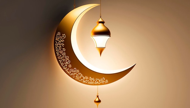 Armatuur in de vorm van een gouden halve maan en een Arabische hanglamp voor de islamitische feestdag Ramadan Generative AI