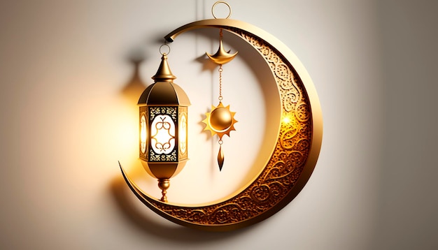 Armatuur in de vorm van een gouden halve maan en een Arabische hanglamp voor de islamitische feestdag Ramadan Generative AI