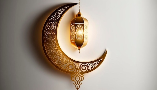 Armatuur in de vorm van een gouden halve maan en een Arabische hanglamp voor de islamitische feestdag Ramadan Generative AI