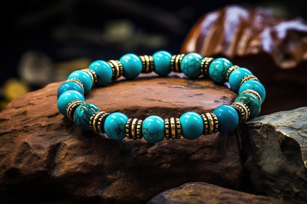 Armband gemaakt van turquoise kralen rustend op een zandsteen