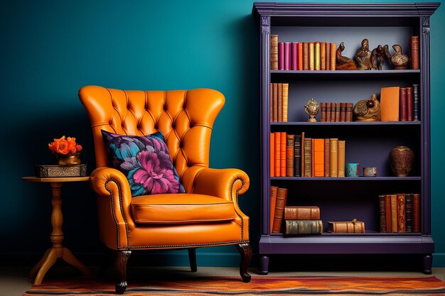 armchair and bookshelf