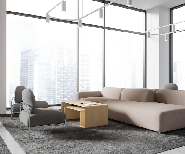 Armchair and couch in white office waiting room