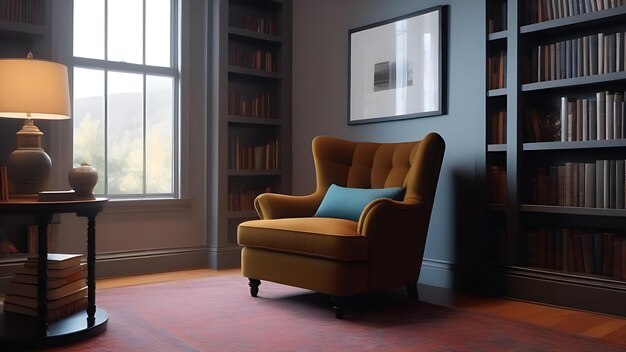 ホームライブラリのインテリアのアームチェア空の椅子