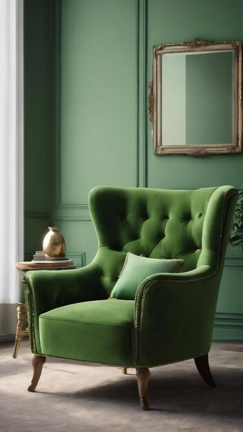 Armchair in green living room with copy space