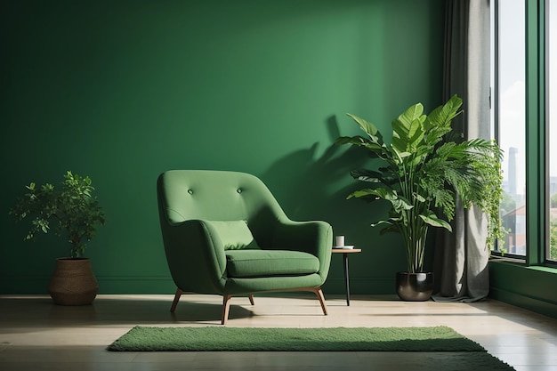 Armchair in green living room with copy space