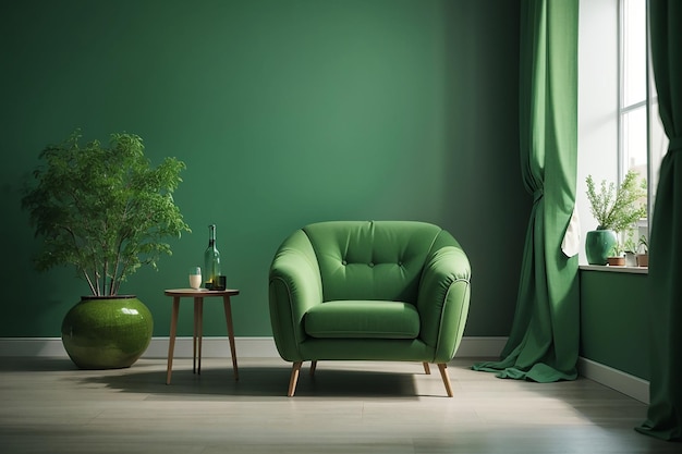 Armchair in green living room with copy space