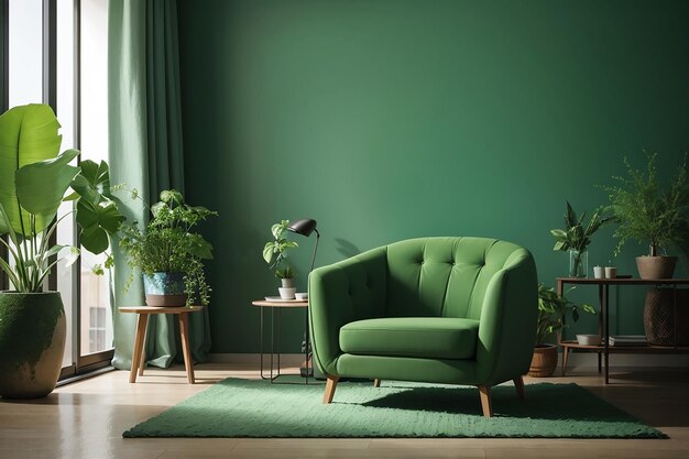 Armchair in green living room with copy space