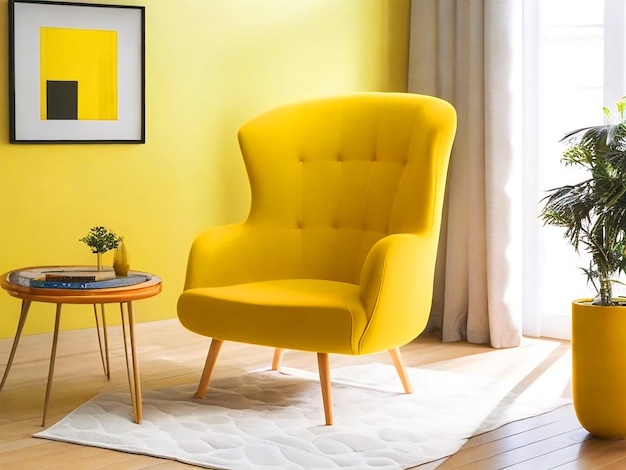 Фото Кресло в желтой гостиной для макета дизайна бесплатного скачивания