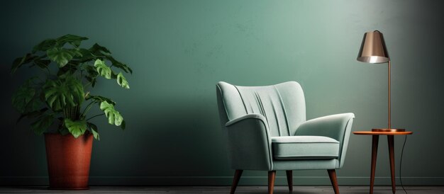 Photo armchair and indoor plant with mintcolored lampshade