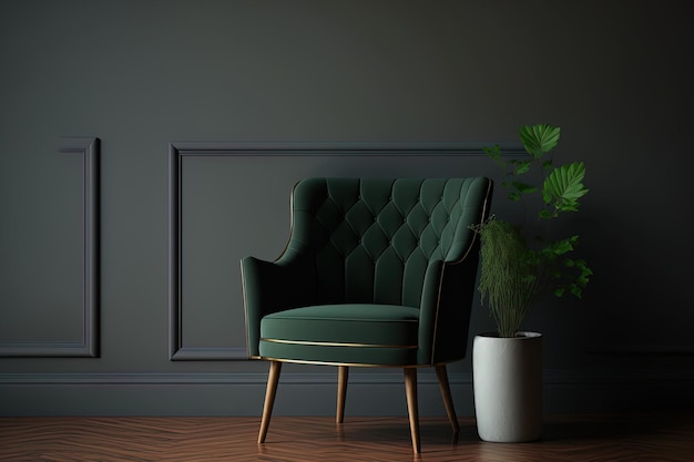 An armchair is in the room against a background of an empty dark wall