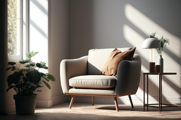 Armchair in a large modern space Room with light and shadows