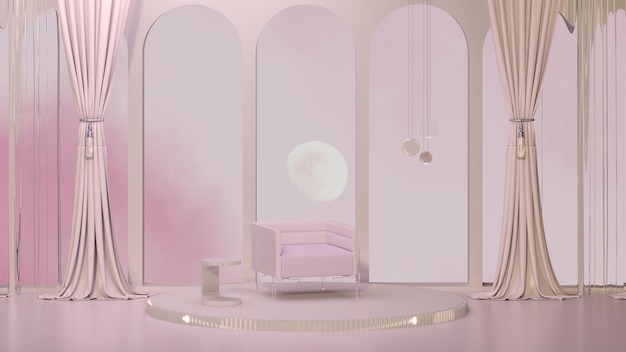 Armchair and pastel gradient sky Wall and picture frame with geometric arch form