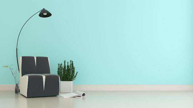 Armchair and plants on empty mint wall background. 3D rendering.