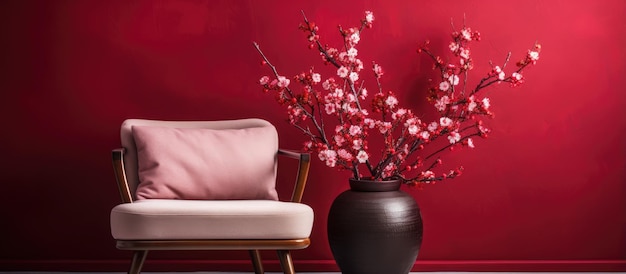 Armchair next to red wall with flowering chinese plum branches indoors