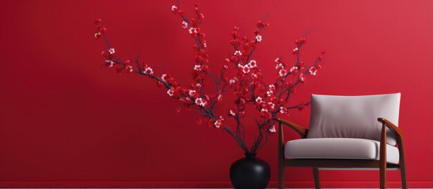 Armchair next to red wall with flowering chinese plum branches indoors