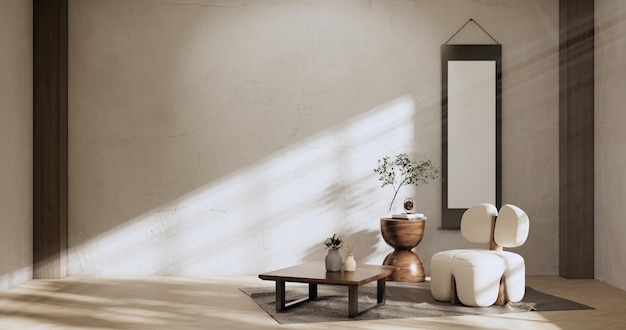 현대적인 객실 내부 와비사비 style3D 렌더링의 안락의자 소파와 장식 일본식