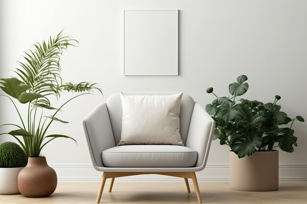 Armchair and wall mockup in a contemporary living area with a white wall and a sofa furniture with a white wall a sofa chair and plants have a scandinavian interior design duplicate space