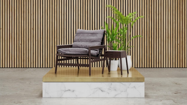 Armchair on white marble podium with a gold base on the floor and wood feature wall in luxury studio