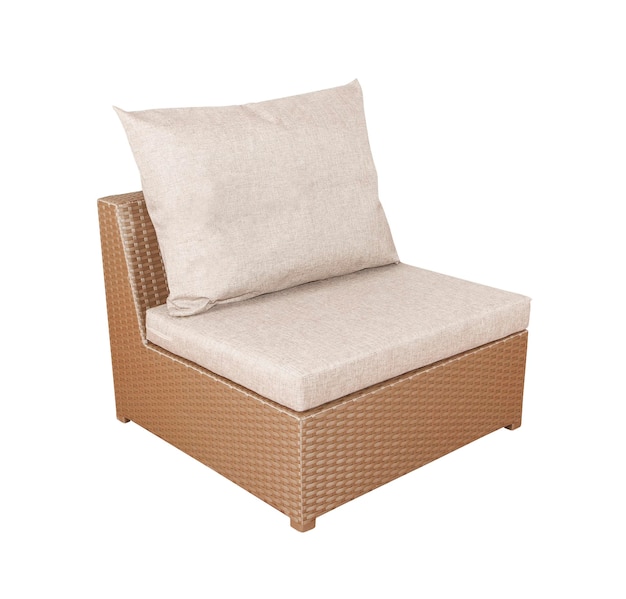 Armchair with soft pillows isolated on white wicker rattan furniture
