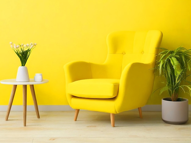 Armchair in yellow living room for mockup design free downloade