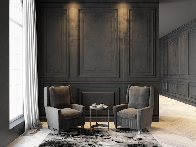 Armchairs and coffee table in classic black interior. 3D render interior mock up.