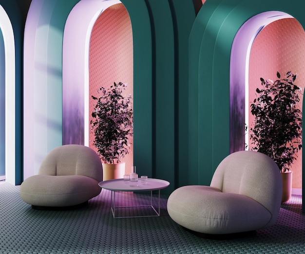 Armchairs with coffee table with glasses of water arches with pink neon light pink wall 3d rendering