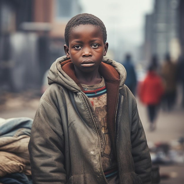 Arme Afrikaanse jongen in de stad tijdens