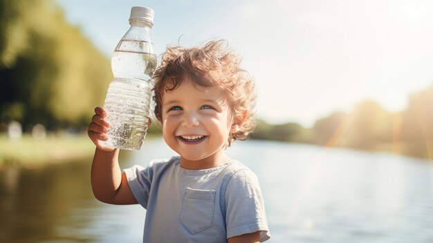 Arme bedelaar hongerig glimlachend kind gretig om water te drinken uit een plastic fles