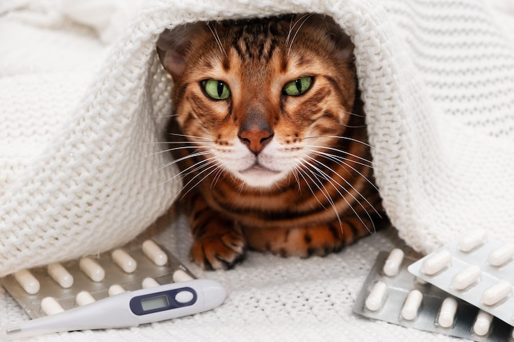Foto arme, zieke, ongezonde bengaalse kat liggend onder warme plaid op de bank thuis in de buurt van medische pillen en thermometer. huisdier, huisdier, slecht gevoel. behandeling, medicatie, gezondheidszorgconcept