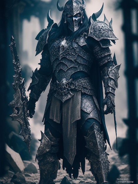 Armed fantasy warrior in metal armor and helmet generative ai