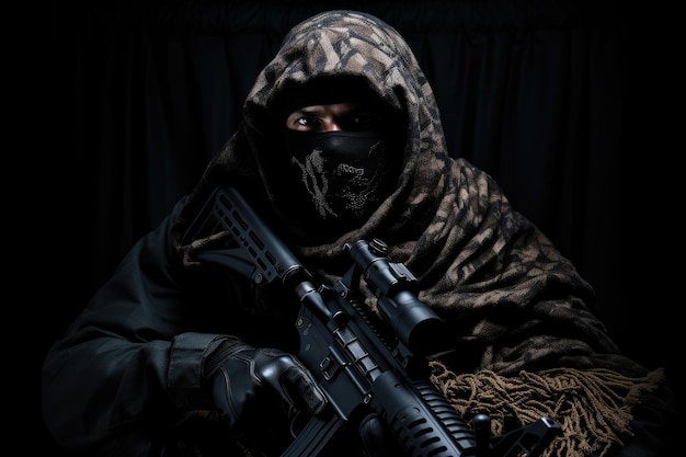 Armed man in a mask with a machine gun on a black background A fully equipped soldier in a tactical net scarf and with a sniper rifle black background anonymous face AI Generated