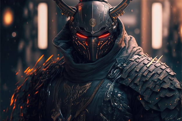 Armed samurai character in futuristic cyberpunk dark colors with bright red accent game character stylish desktop wallpaper avatar or poster future japanese samurai with high tech armor AI