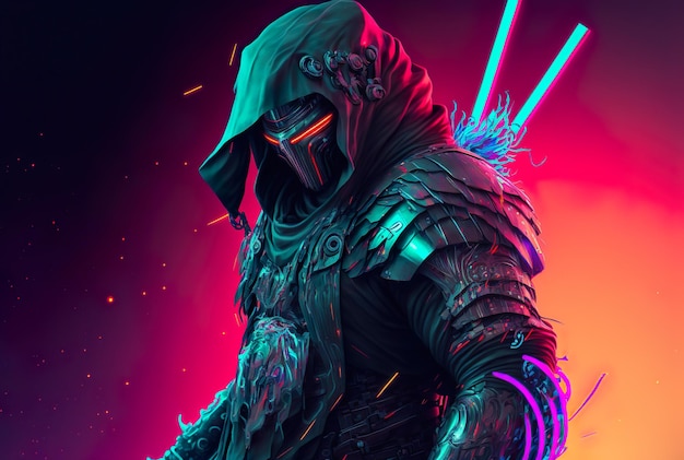 Armed samurai character in futuristic neon cyberpunk suit digital illustration generative ai