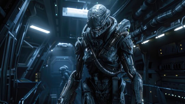 Armed scary alien warrior inside spaceship futuristic military cyborg in dark spacecraft extraterrestrial soldier holding weapon Concept of robot future space war scifi ufo