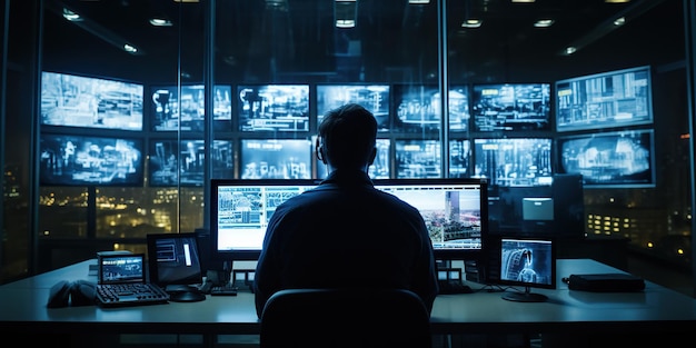 An armed security guard in a bank diligently monitors the situation inside the building using surveillance monitors ensuring a secure environment Generative AI