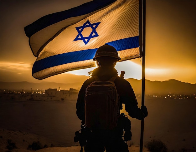 An armed soldier stands next to an Israeli flag